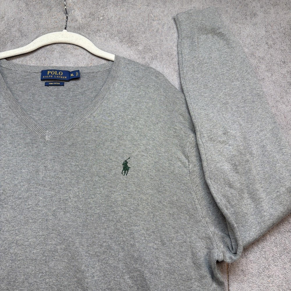 Polo Ralph‎ Lauren Men's V Neck Sweater Green Gray Cotton Pullover XL